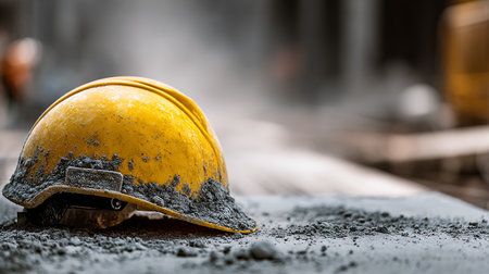 Close up of a yellow hardhat on the floor of a construction siteの素材