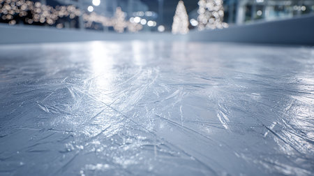 Ice on the frozen lake with bokeh lights in the backgroundの素材