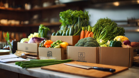 Fresh Vegetables and Fruits in Cardboard Boxes on Tableの素材