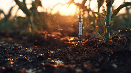 Thermometer on the background of a corn field at sunset.の素材