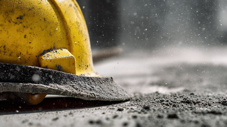 Close up view of a construction worker's hard hat on a construction site.の素材