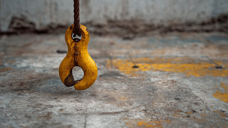 Old yellow hook on concrete floor. Selective focus on hook.の素材