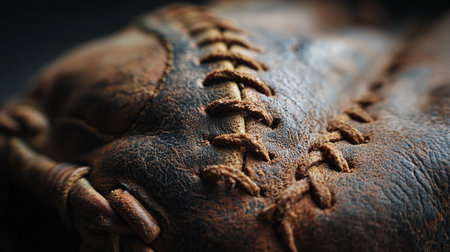Close up of old worn baseball glove on dark background. Shallow depth of fieldの素材