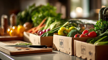 Boxes with fresh vegetables on the kitchen table, close-upの素材