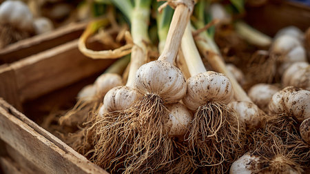 Garlic bulbs in a wooden box on the counter of a farmers marketの素材
