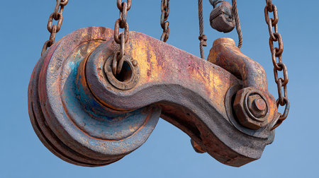 Old rusty crane hook on blue sky background, closeup of photoの素材