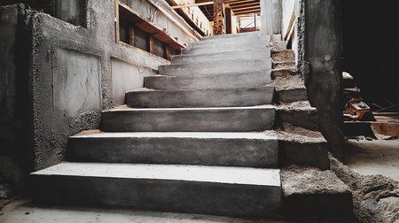 Staircase in a ruined building. Concrete stairs in an abandoned building.の素材