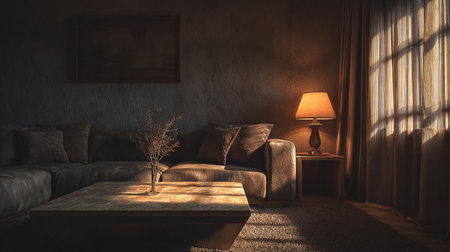Interior of the living room with a sofa and a table lampの素材