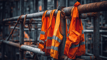 Construction site with orange reflective vest and orange reflective vest. Industrial backgroundの素材
