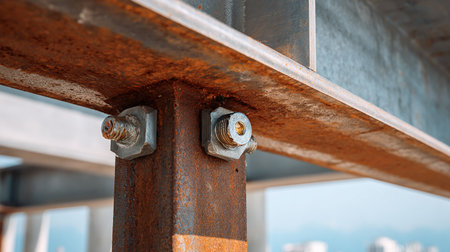 Detail of a rusty steel bridge with a bolt and nut.の素材