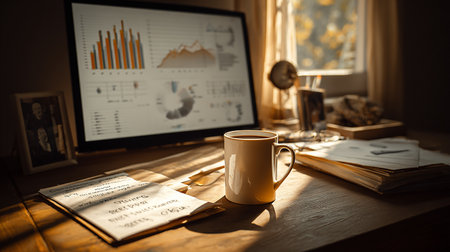Cup of coffee on a table with a book and a laptopの素材
