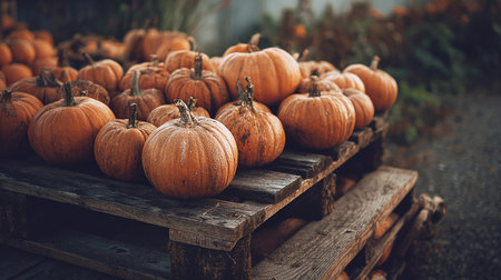 Pumpkins on a wooden pallet in the autumn garden.の素材