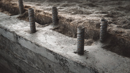 Construction site. Concrete foundation in the form of a tube.の素材