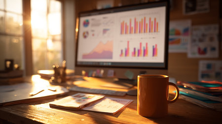 Office workplace with a cup of coffee and financial charts on the tableの素材