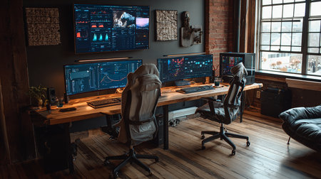 Interior of a room with a computer and a backpack on itの素材
