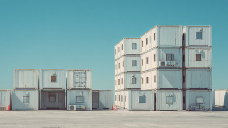 Stack of Cargo Containers at the docks with blue sky background.の素材