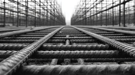 Steel wire mesh in a construction site. Black and white photo.の素材