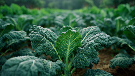 Close up of green cabbage growing on the field in the morning.の素材