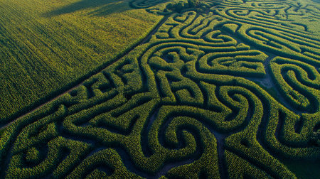 Aerial view of green agricultural field with maze or labyrinth. Rural landscape.の素材