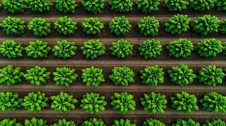Aerial view of green beet plants growing in rows in a greenhouseの素材
