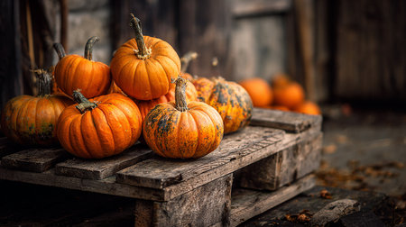 Pumpkins on a wooden table in a rustic setting.の素材