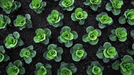 Cabbage growing in the field, top view. Agriculture and farming conceptの素材