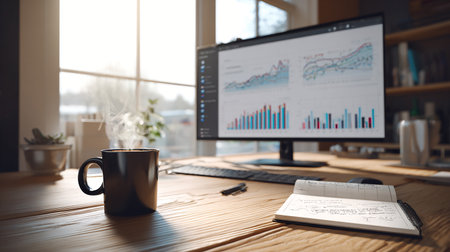 Workplace with computer and coffee cup on wooden table in modern officeの素材