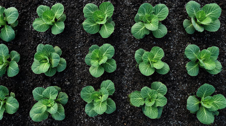 Top view of young green pak choi cabbage plants growing in vegetable gardenの素材