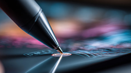 Close up of a pen pointing to a target on a computer screenの素材