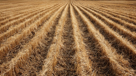 Harvested wheat field with rows of straw stubble ready for harvestingの素材