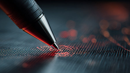Close-up of a red pen on the background of a binary codeの素材