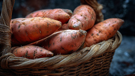 Sweet potatoes in a basket on a dark background. Toned.の素材