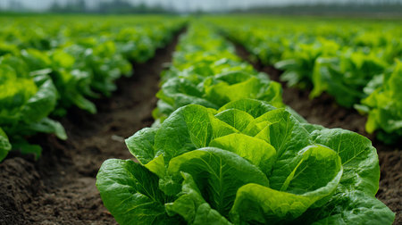 Lettuce growing in rows on a field in the summer.の素材