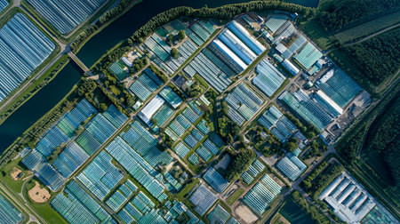 Aerial view of a large greenhouses with rows of solar panelsの素材