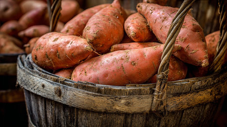 Harvested sweet potatoes in a basket at a farmers market.の素材