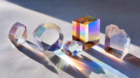 crystal cubes on a white background with a shadow from the sunの素材