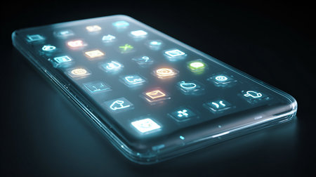 Smartphone with colorful application icons on the screen. 3D renderingの素材