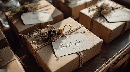 wedding gifts on the table in rustic style, closeupの素材