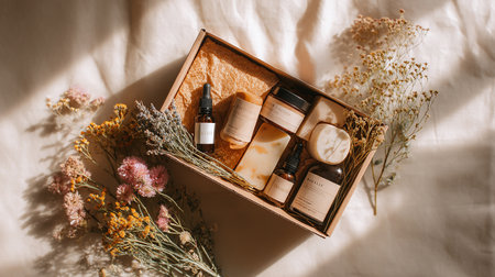 top view of wooden box with cosmetic products and dried flowers on bedの素材