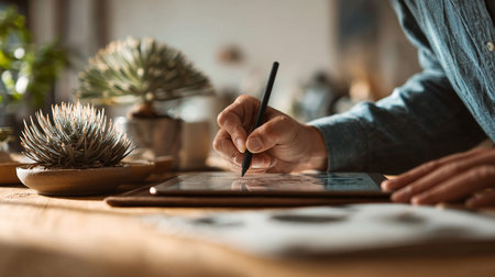 Close-up of a female designer drawing on a digital tablet at homeの素材
