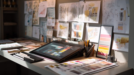 Graphic designer workplace with graphics tablet and other tools on table.の素材