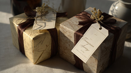 Wedding gifts in rustic style on the table, close upの素材