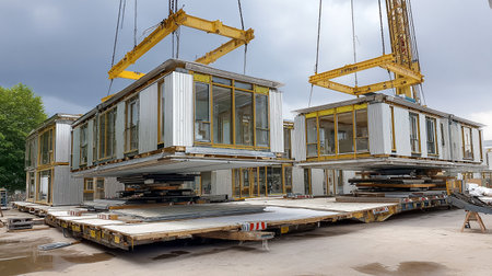 Construction of a multi-storey building on the construction site.の素材