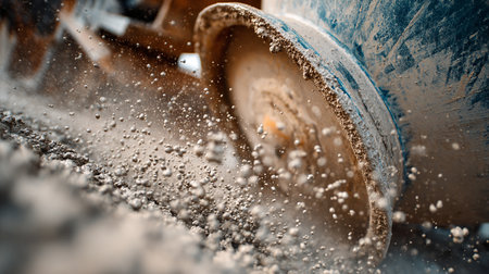 Close-up of a road roller working on a construction site.の素材