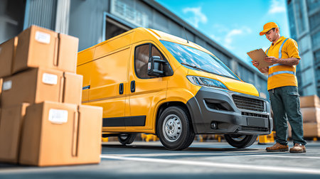 delivery man with clipboard and van on the background of the warehouseの素材