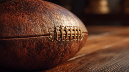 American football ball on a wooden background. American football ball closeupの素材
