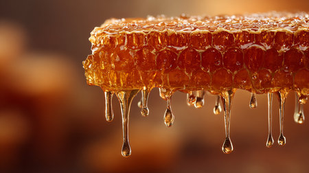 Honey dripping from a honeycombs on a brown background.の素材