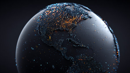 3d rendering of globe with world map made of digital particles.の素材
