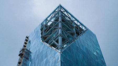 Modern office building with glass facade and blue sky. Business concept.の素材