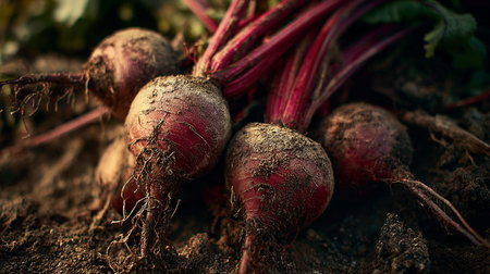 Freshly harvested beets on the field. Selective focus.の素材